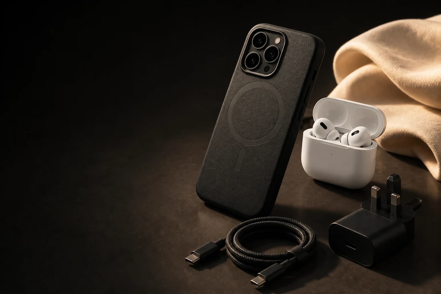 iPhone-style MagSafe case, wireless earbuds, charger and cable from Elite Phone Store & Accessories